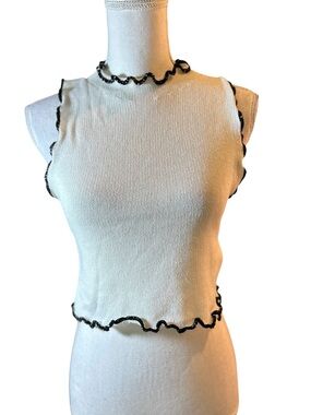 silence + noise White Knit Sleeveless Top with Black Ruffle Trim